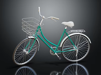 Vintage Green Bicycle With White Seat Front Wire Basket And Fenders 3d model