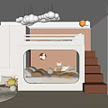Cozy Kids Room Featuring White Bunk Bed Cloud Pendant Lights Staircase Storage And Stuffed Toys