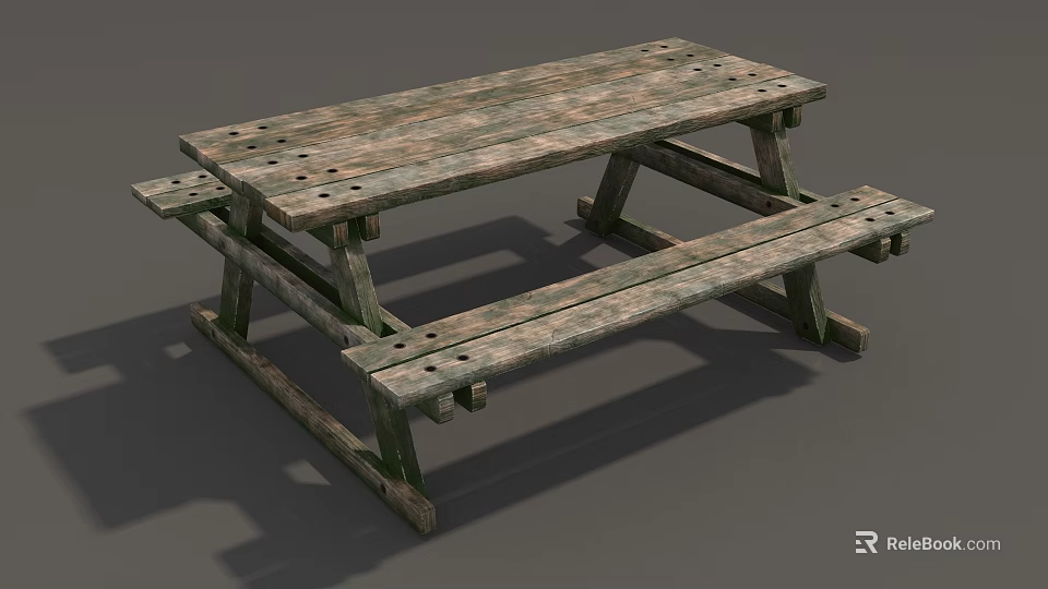 Rustic Wooden Outdoor Dining Table Set With Bench Seats And Classic Design 3d model 