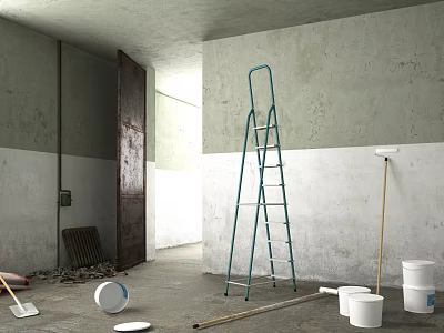 Unfinished Room With Cement Walls Old Door And Renovation Tools Like Ladder Paint Roller Buckets 3d model