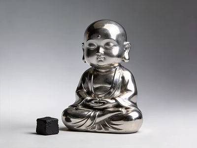Silver Buddha Sculpture Carving in Sitting Posture with Small Black Cube 3d model
