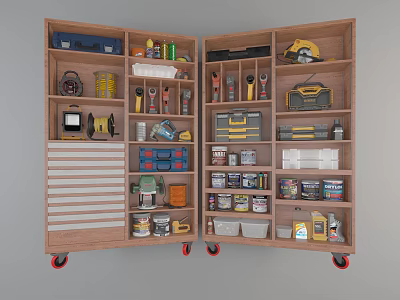 Wooden Double Door Storage Cabinet With Wheels And Organized Tools On Shelves 3d model