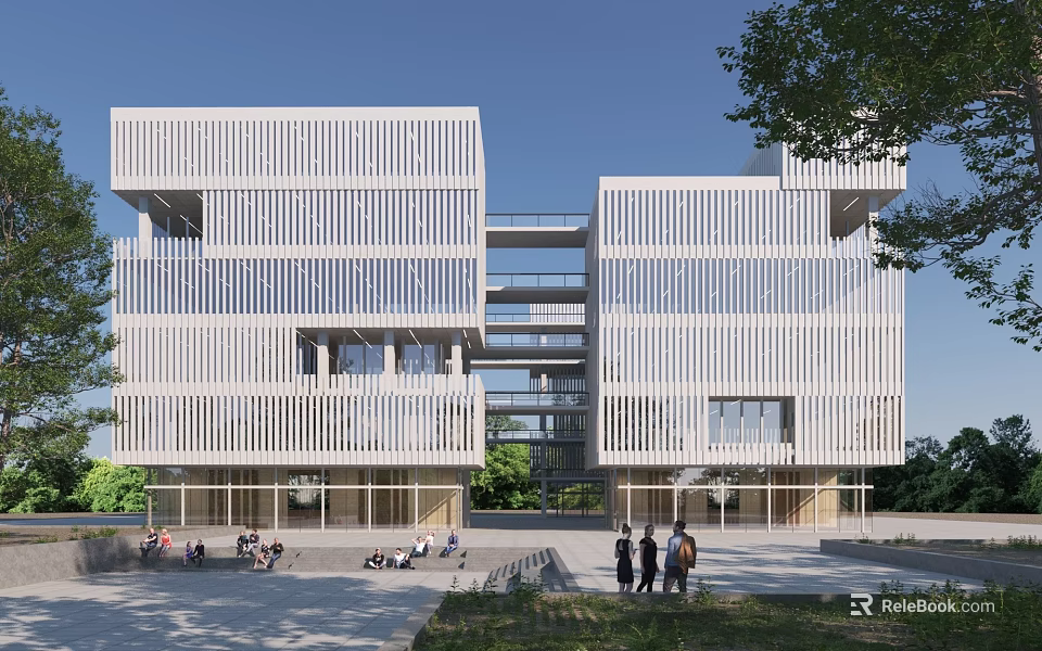 Modern Multistorey Office Building With White Louver Facade Surrounded by Trees And People Near Entrance 3d model 