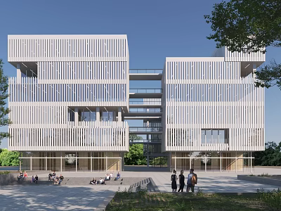 Modern Multistorey Office Building With White Louver Facade Surrounded by Trees And People Near Entrance 3d model