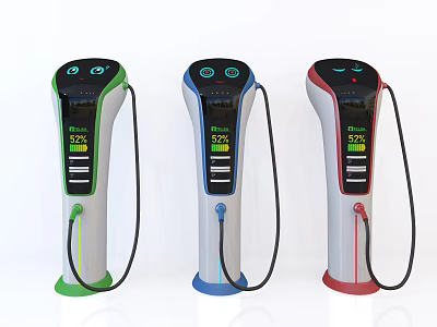 Three Colored EV Charging Stations With Digital Screens And Charging Cables 3d model