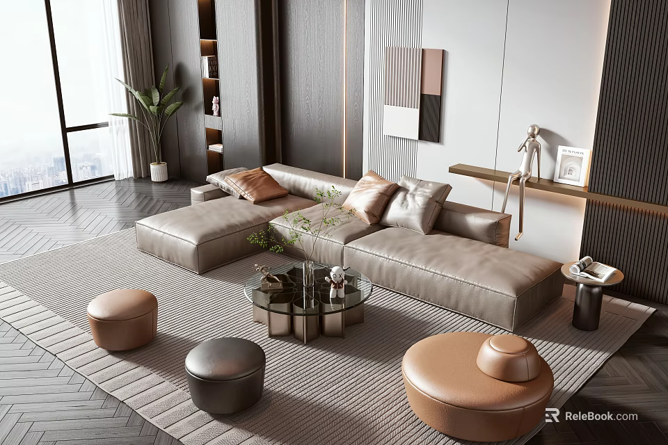 Modern Living Room Sofa Coffee Table Set With Round Ottomans And Large Windows 3d model 