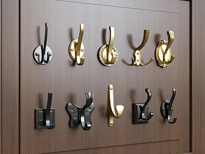 Various Design Wall Hooks in Gold and Black Colors on Wooden Wall 3d model