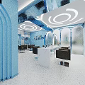 Modern Beauty Salon Interior With Circular Blue Lighting Stylish Mirrors And Gray Chairs