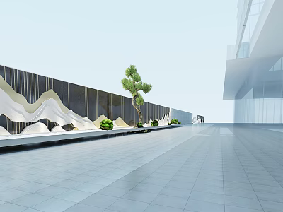 Modern Feature Wall With Wavy White Decor Small Trees And Gray Tile Floor 3d model