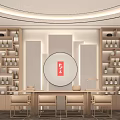 Elegant Chinese Style Liquor Specialty Store Interior With Wooden Shelves Circular Decoration And Landscape Painting