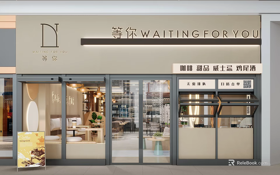 Stylish Shopping Mall Store With Glass Facade Offering Coffee Desserts Whiskey And Casual Dining 3d model 