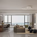 Modern Living and Dining Room Interior With Sofa Coffee Table Pendant Light And Bookshelves