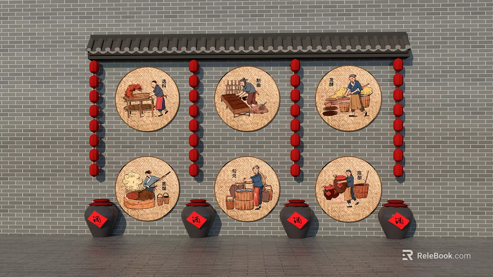 Traditional Eaves With Gray Brick Wall Red Lantern Strings Circular Figural Paintings And Black Jars 3d model 