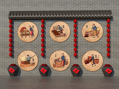 Traditional Eaves With Gray Brick Wall Red Lantern Strings Circular Figural Paintings And Black Jars 3d model