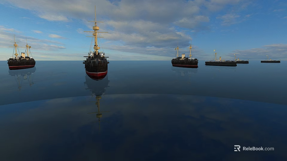 Vintage Warships Sailing On Calm Sea With Cloudy Sky And Reflections 3d model 