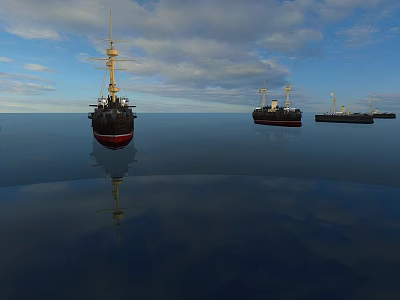 Vintage Warships Sailing On Calm Sea With Cloudy Sky And Reflections 3d model