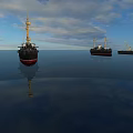 Vintage Warships Sailing On Calm Sea With Cloudy Sky And Reflections