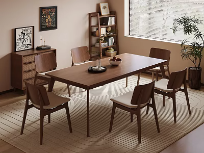 Warm Wooden Dining Table Set With Six Chairs Light Colored Cushions Bookshelf Window And Plant 3d model