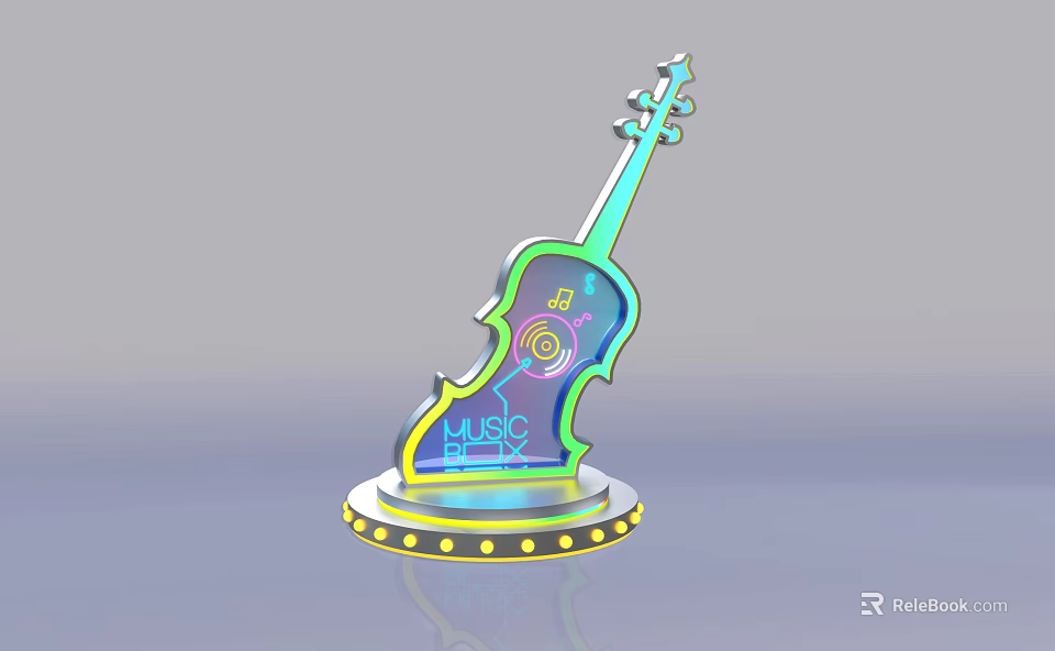 Colorful Glow Violin Shaped Music Decor With Decorative Base And Elements 3d model 