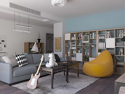 Modern Living And Dining Area With Gray Sofa Yellow Bean Bag Guitar And Bookshelves 3d model