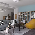 Modern Living And Dining Area With Gray Sofa Yellow Bean Bag Guitar And Bookshelves