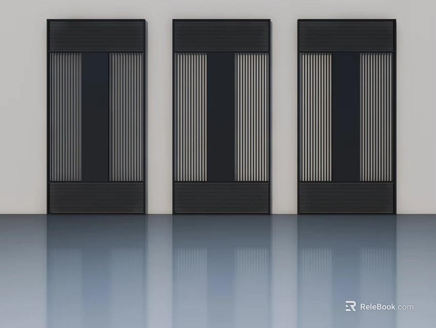Three Modern Black Hinged Doors With Striped Design And Reflective Floor 3d model 