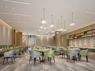 Modern Restaurant Interior With Pendant Lights Green Gray Chairs And Wooden Flooring 3d model