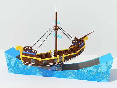 Ship Shaped Play Equipment With Blue Decorative Base And Yellow Brown Details For Kids 3d model