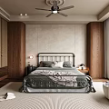 Modern Bedroom Interior Featuring Metal Frame Bed Wooden Walls Ceiling Fan And Striped Rug