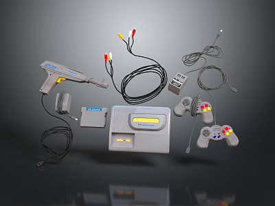 Vintage Retro Gaming Console With Controllers Light Gun Cables And Power Adapter 3d model