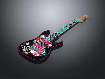 Stylish Black Electric Guitar with Colorful Floral Embroidery Green Neck and Brown Headstock 3d model