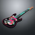 Stylish Black Electric Guitar with Colorful Floral Embroidery Green Neck and Brown Headstock