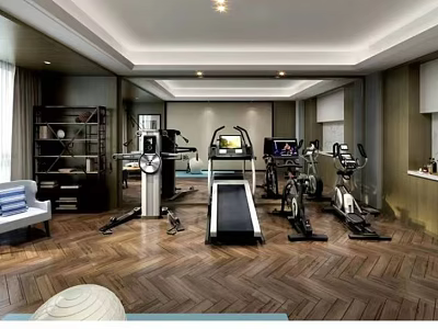 Modern Spacious Home Gym With Treadmill Exercise Bikes And Wooden Flooring 3d model