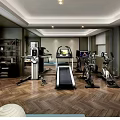 Modern Spacious Home Gym With Treadmill Exercise Bikes And Wooden Flooring