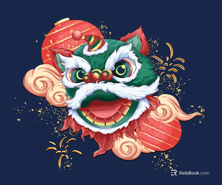Traditional Lion Dance Head Design With Red Lanterns Cloud Patterns And Fireworks Decorations 3d model 