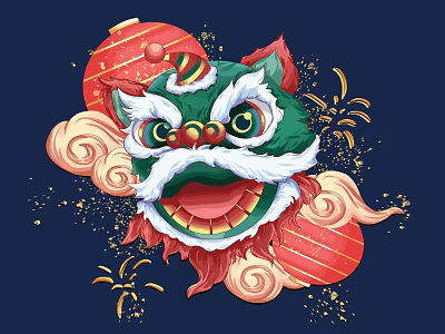 Traditional Lion Dance Head Design With Red Lanterns Cloud Patterns And Fireworks Decorations 3d model