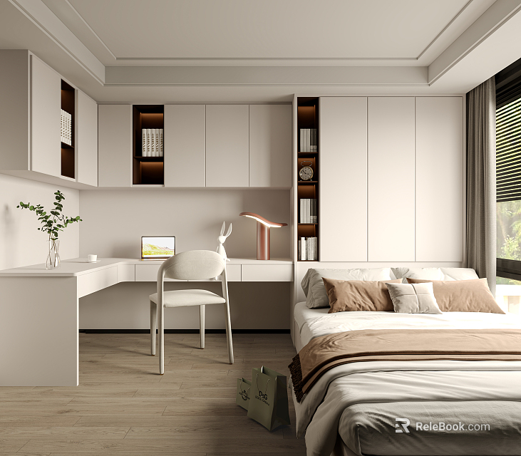 Tatami Bedroom Interior With White Cabinets Bookshelves Desk Chair Potted Plant And Window Blinds 3d model 