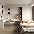 Tatami Bedroom Interior With White Cabinets Bookshelves Desk Chair Potted Plant And Window Blinds