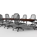 Modern Wooden Conference Table Surrounded By Multiple Mesh Back Chairs On Wheels 3d model
