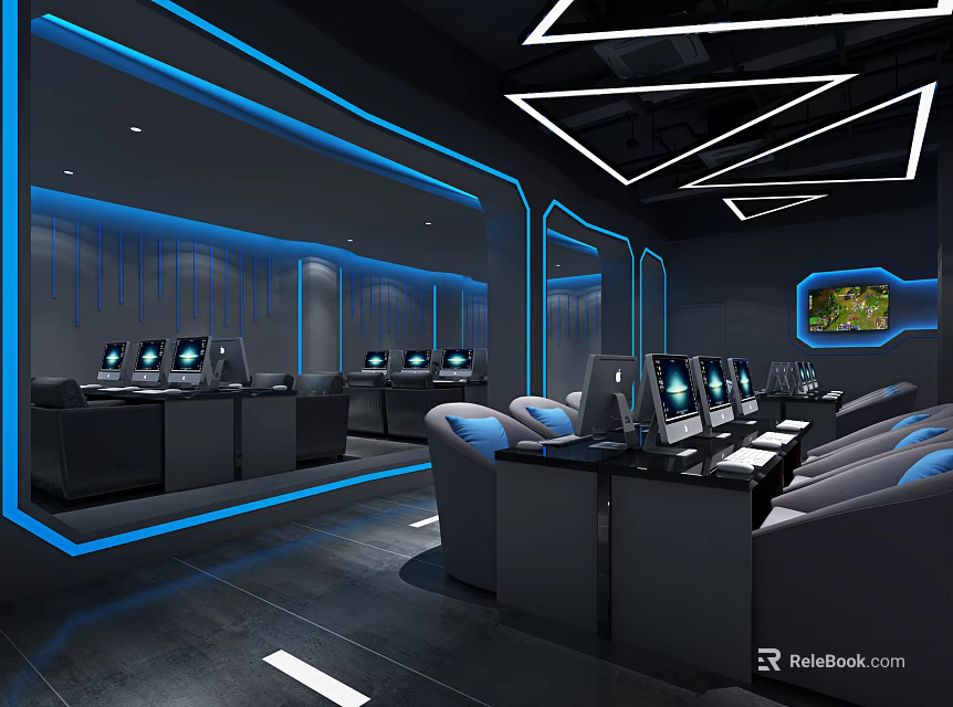 Modern Internet Cafe Interior With Blue Lighting Comfortable Seats And Computers 3d model 