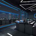 Modern Internet Cafe Interior With Blue Lighting Comfortable Seats And Computers 3d model
