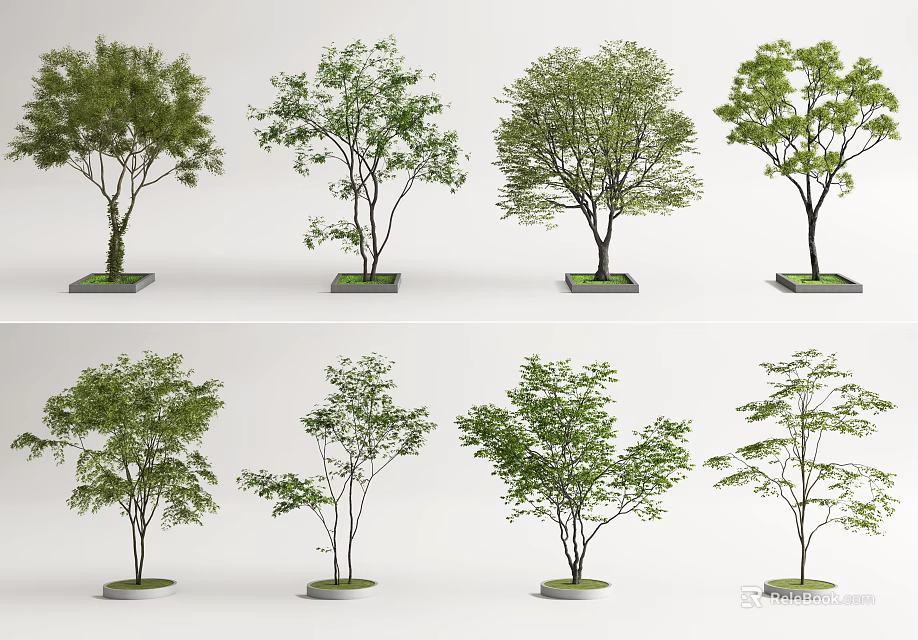 Decorative Flower Planters Featuring Various Lush Green Trees For Outdoor Decoration 3d model 