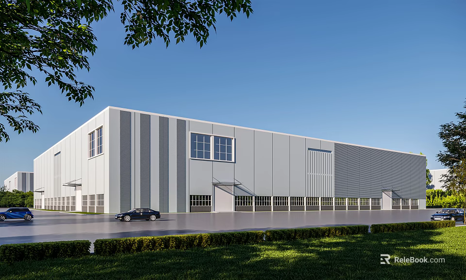 Modern Industrial Factory Building With Gray Exterior Large Windows Green Lawn And Parking Area 3d model 