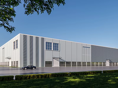 Modern Industrial Factory Building With Gray Exterior Large Windows Green Lawn And Parking Area 3d model