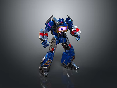 Blue And Black Mechanical Robot Character With Red Silver Details And Glowing Chest Emblem 3d model