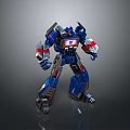Blue And Black Mechanical Robot Character With Red Silver Details And Glowing Chest Emblem
