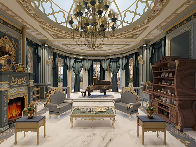 Elegant Piano Room With Dome Ceiling Chandelier Fireplace And Gray Armchairs 3d model