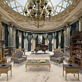 Elegant Piano Room With Dome Ceiling Chandelier Fireplace And Gray Armchairs