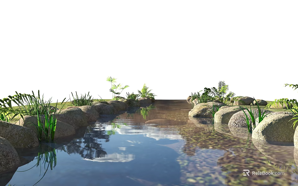 Natural Waterfront Landscape With Stream Stones Green Plants And Water Reflection 3d model 