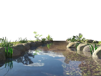Natural Waterfront Landscape With Stream Stones Green Plants And Water Reflection 3d model